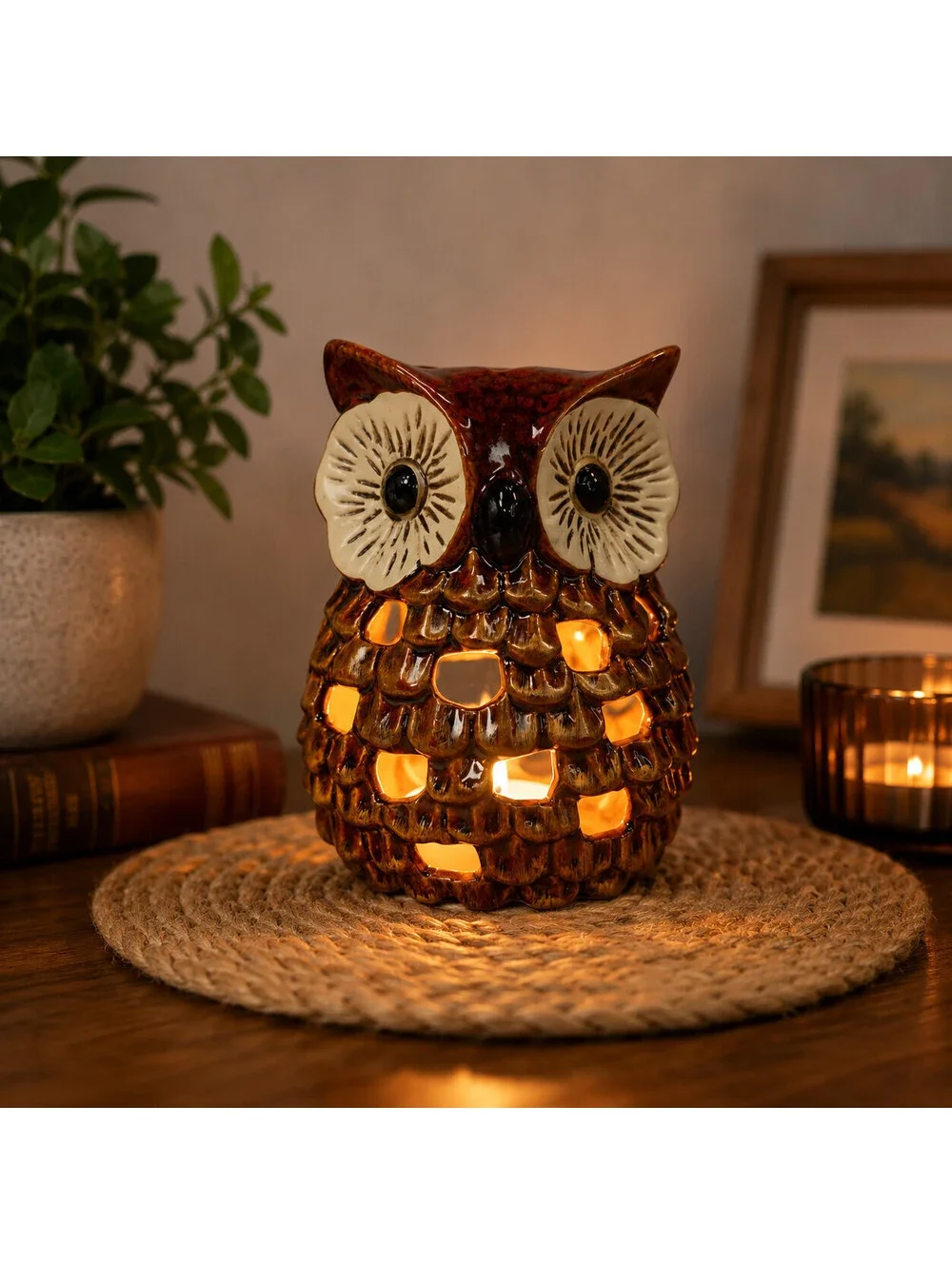 Vintage Ceramic Owl Tea Light Candle Holder Brown Woodland Decor 7